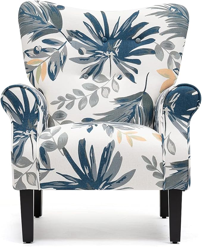 YOLENY Modern Accent ChairHigh Back ArmchairUpholstered Fabric Button Single Sofa with Wooden Legs for Living RoomBedroomBlue Leaves