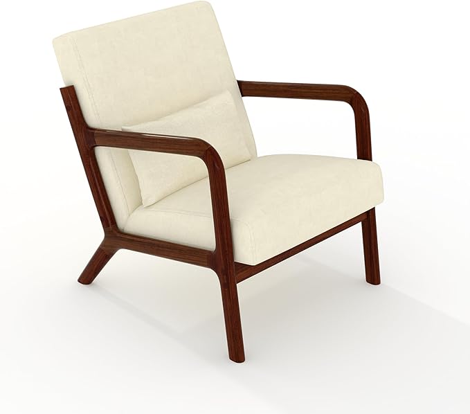 GarveeHome Mid-Century Accent Chair Cozy Chenille Reading and Lounge Armchair with Lumbar Pillow Modern Wood Frame for Living Room Bedroom Office Beige