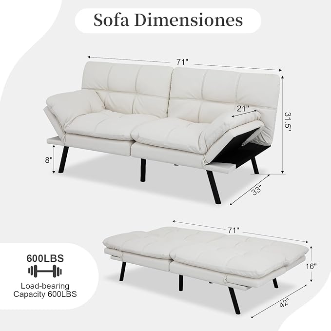 Futon Sofa Bed Convertible Memory Foam Foldable Couch Modern Sleeper Loveseat with Adjustable Armrests&ampBackrests for Small Spaces Office Studio Apartment Dorm Bonus Room
