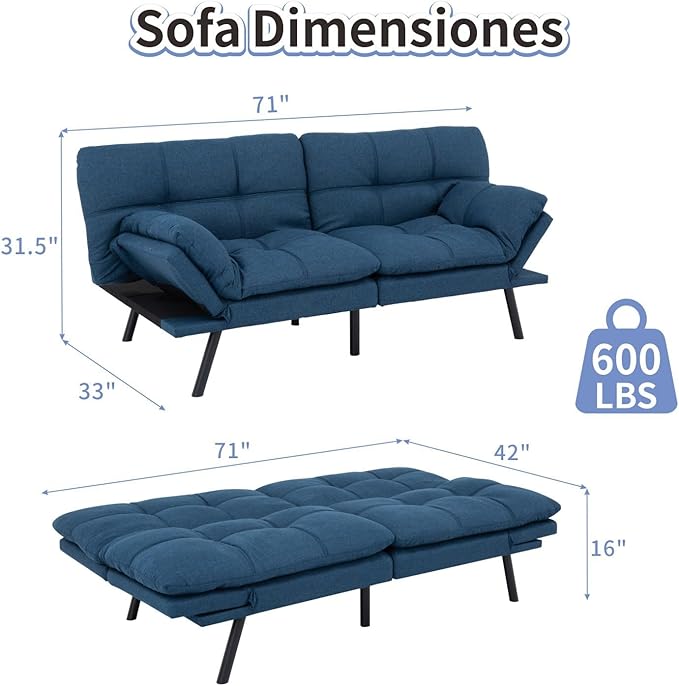 MUUEGM Futon Sofa Bed Memory Foam Navy Blue Futons Modern Office Couch Sleeper Bed Convertible Love seat Sofa for Small SpacesApartmentOffice with Adjustable Armrest Backrest