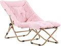 Tiita Folded Chair with Straight Ottoman Soft Faux Fur Oversized Folding Accent ChairLazy Chair Metal Frame Moon Chair for Bedroom Living Room Dorm Rooms Garden and Courtyard Pink