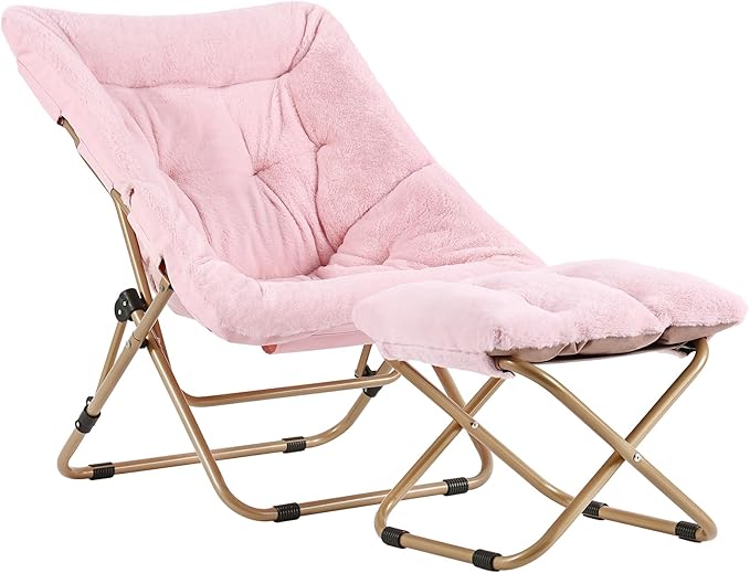 Tiita Folded Chair with Straight Ottoman Soft Faux Fur Oversized Folding Accent ChairLazy Chair Metal Frame Moon Chair for Bedroom Living Room Dorm Rooms Garden and Courtyard Pink