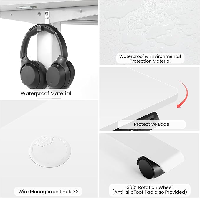 Standing Desk 63 x 24 in Adjustable HeightElectric Stand Up DeskCurved Sit Stand Home Office Computer Desk with casters Mouse pad and Headphone Hook(White)