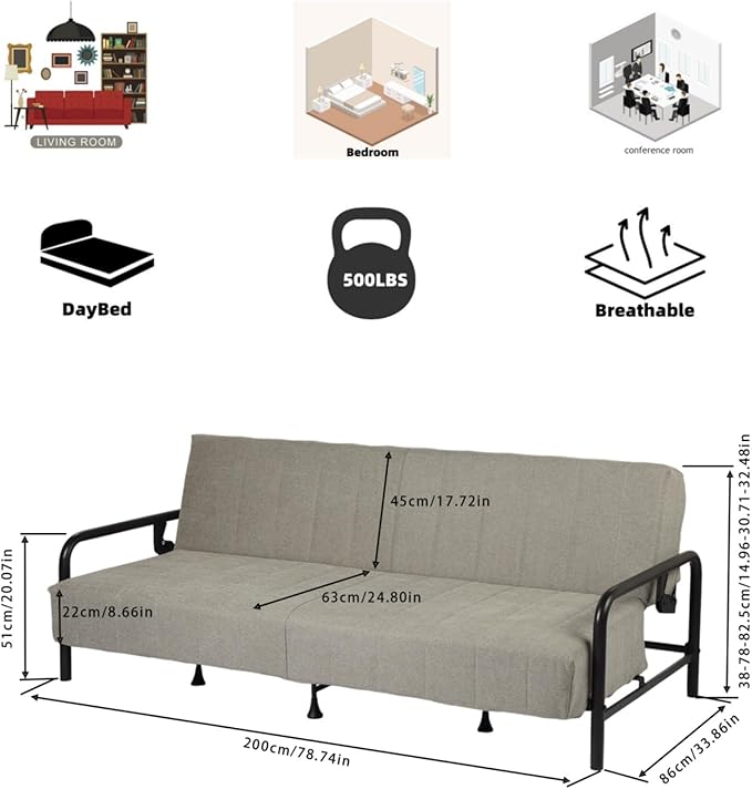 Homy Casa Modern Grey Futon Sofa Bed with Arm 78.74 3-Position Adjustable Backrest Metal Frame Capacity 500 lbs Convertible Daybed for Living Room/Guest Room/Studio Apartment