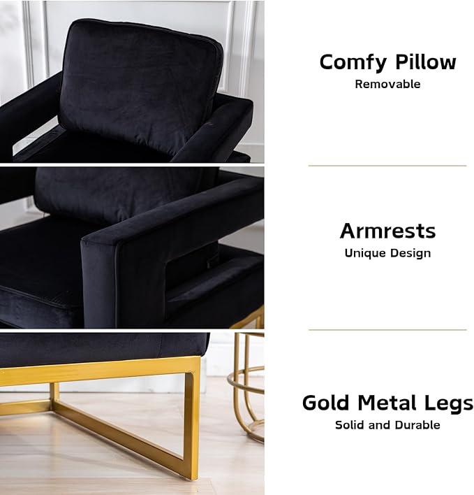 HEAH-YO Modern Accent Chair Set of 1 Upholstered Velvet Living Room Chair with Armrests Comfy Small Side Arm Chair with Gold Metal Legs for Bedroom Black