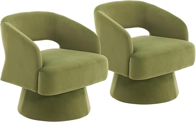 2Pcs Comfy Swivel Barrel Chair for Living Room - Modern Upholstered Accent Chair with Teddy Fleece Hollowed Back &amp 360° Swivel Base Small Round Chair for Bedroom Reading Nook Office Green
