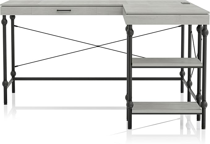 24/7 Shop at Home Monier Farmhouse Metal 2 Shelves Corner Computer Desk with USB Port Power Outlet 1 Drawer for Workstation Home Office Study Room Antique White