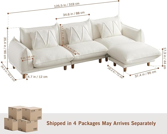 Oversized Modular Sectional Sofa Convertible L Shaped Couch with Ottoman Deep Seat Cloud Couch 126 inch Width 4 Seat Couches with Solid Wood Leg Modern Sofa for Living Room