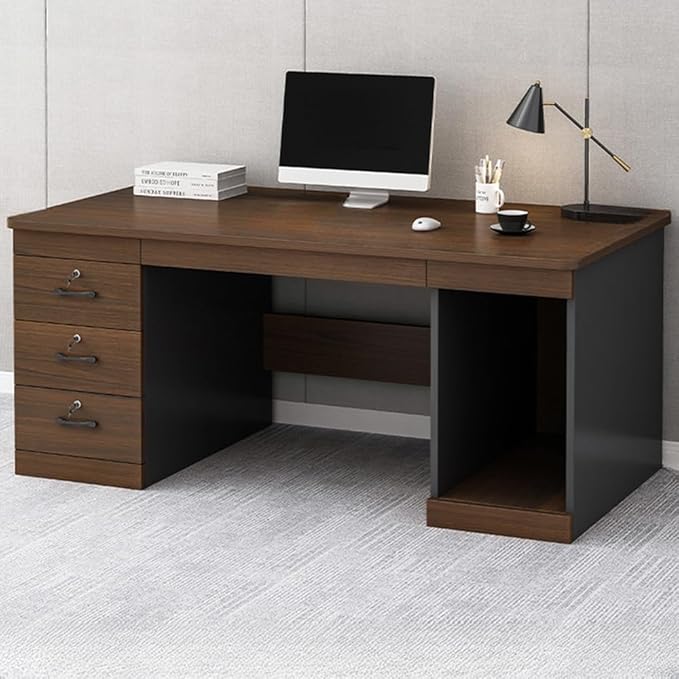 LITFAD Wood Finish Office Computer Desk with 3 Locking Drawer CPU Storage Modern Executive Desk Simple Writing Desk for Home Office Without Chairs 55 L x 23.5 W x 29 H Dark Walnut A