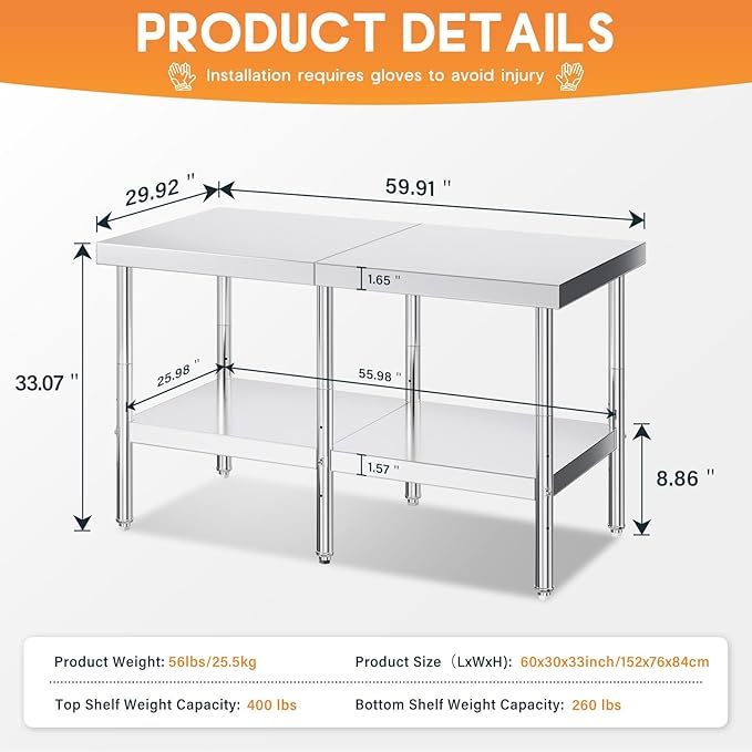 Jocisland 30 x 60 Stainless Steel Table for Prep &amp Work NSF Certified Adjustable Under Shelf and Feet for Commercial Kitchen Restaurant Hotel and Garage