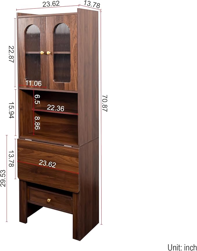 ZeHuoGe Fold-Out Convertible Writing Table Desk Cabinet with Shelf and Drawer Multi-Function Home Office Workstation (Walnut)