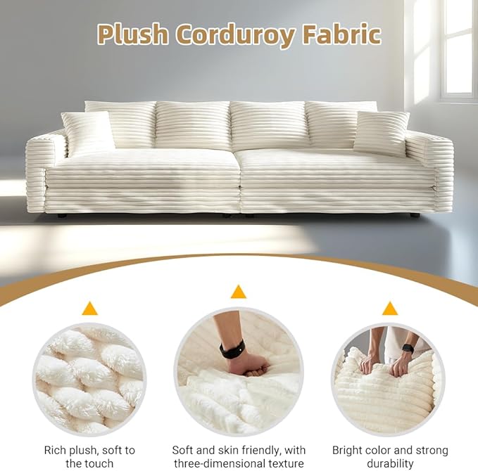 Cloud Couch Modular Sectional Sofa Fluffy 4 Seater Corduroy Cloud Sofa Couch 102.4'' Oversized Chaise Lounge Sleeper Sofas Deep Seat Sectional Couches for Living Room Beige