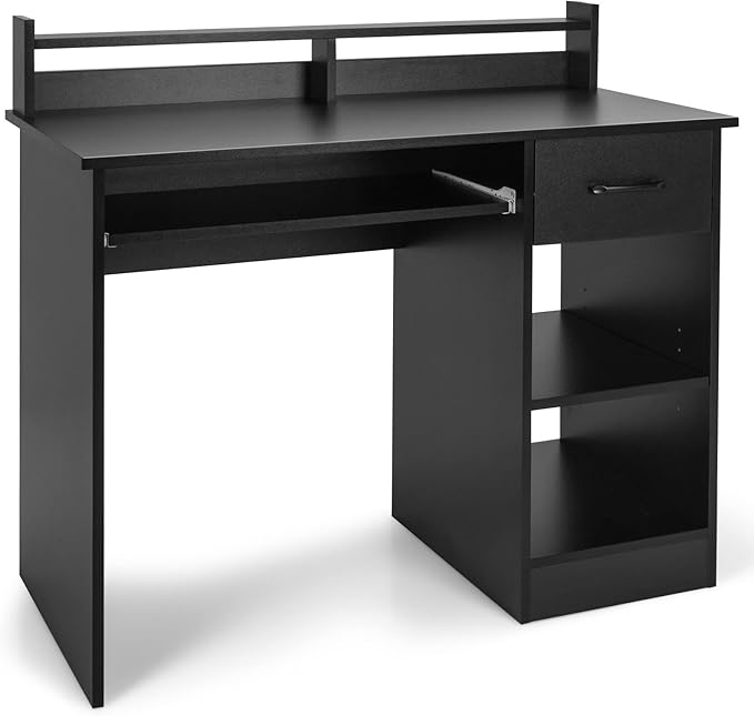 Tangkula Computer Desk with Drawer &amp Keyboard Tray Modern Study Writing Desk with Desktop Hutch &amp Storage Shelves Home Office Wooden PC Laptop Desk Desk for Bedroom