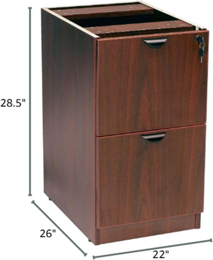 Mahogany Full Pedestal File Cabinet Two-Drawer Filing Unit Thermal Fused Melamine Construction Scratch-Resistant Finish Cam Lock Assembly System Leveling Glides