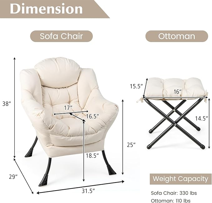 DORTALA Modern Lazy Chair with Ottoman Single Sofa Chair w/Side Pocket and Armrests Soft Upholstered Modern Leisure Chairs Set Suitable for Living Room Bedroom Beige