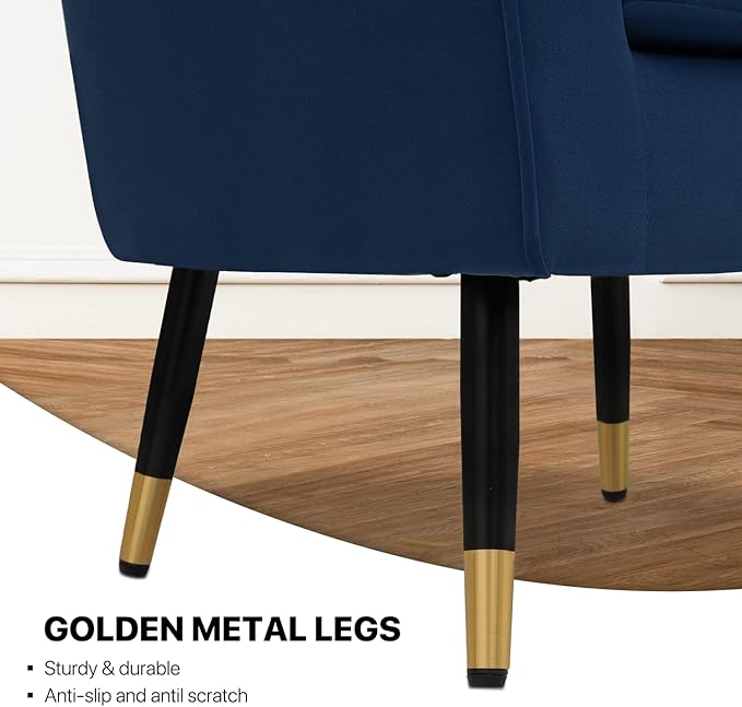 MoNiBloom Modern Accent Chair with Lumbar Pillow Mid-Century Modern Sude Single Sofa Arm Chair for Living Room Durable Upholstered Comfy Barrel Chair w/Gold Metal Legs and Wide Armrest Navy Blue