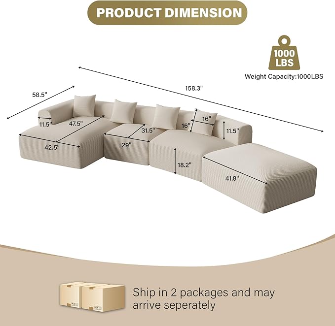 158” Oversized Modular Cloud Couch Boneless 5-Seat Sectional Sofa with Chaise &amp Movable Ottoman Plush Corduroy Deep Seat No Assembly Required(Beige White)