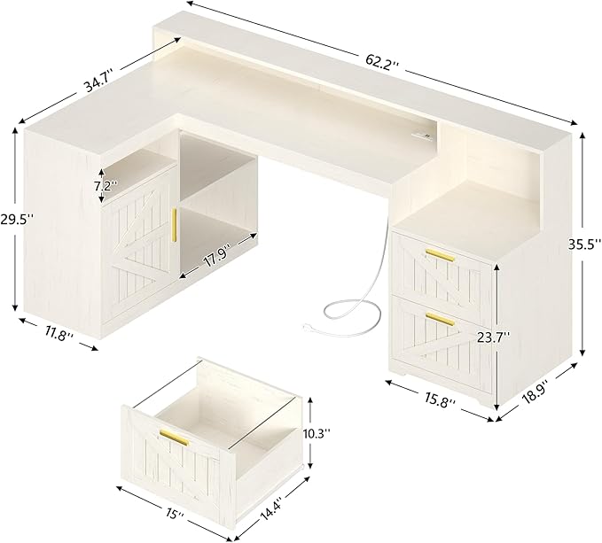 TVU Farmhouse L Shaped Desk with Drawers 62.2 Home Office Desk with Storage Shelves and Power Outlet L Shaped Computer Desk with Monitor Stand and Printer Shelf White