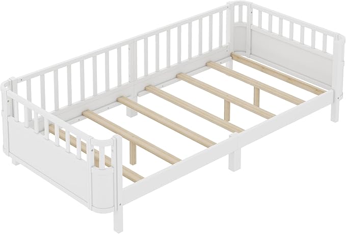Bellemave Twin XL Montessori Bed with Fence and Slats Twin XL Low Platform Bed Frame with Detachable Side Bed Rails and Rounded Corner Design Easy Assemble Montessori Bed White