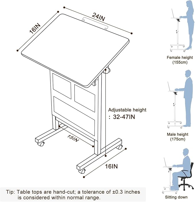KOUPA Adjustable Height Standing Desk Writable Tempered Glass Desktop with Eraser 360° Flip Wheels and Bag– Ideal for Small Spaces and Home Offices 24 in White(Adjustable Height: 32-47 in)