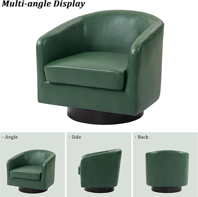 Swivel Barrel Chair Modern Round PU Leather Accent Armchair for Living Room Bedroom Oversized Comfy Club Reading Chairs for Adults (Leather Green Set of 1)