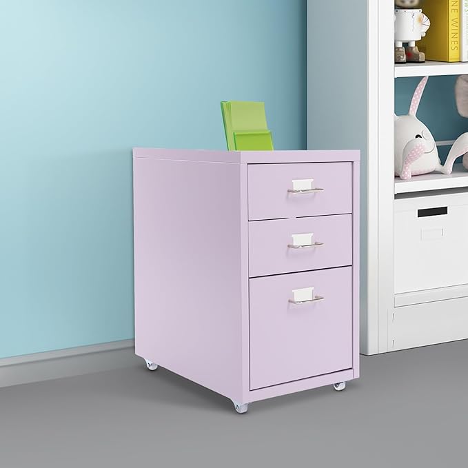 File Cabinet 3 Drawer Filing Cabinet with Wheels Metal Under Desk Storage Cabinet for Home Office Commercial Hanging File Folders Organizer for Letter/A4 Size(Purple)