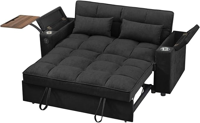  65''Convertible Sleeper Sofa Bed3-in-1 Pull Out Couch Bed with 360 Degree rotatable Side Table and USB Ports for Living RoomRV (07Black)