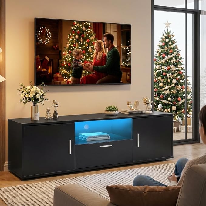Modern TV Stand for 55 Inch TV – Black Entertainment Center with LED Lights &amp Spacious Storage Cabinets Sturdy Media Console for Family Living Room or Bedroom