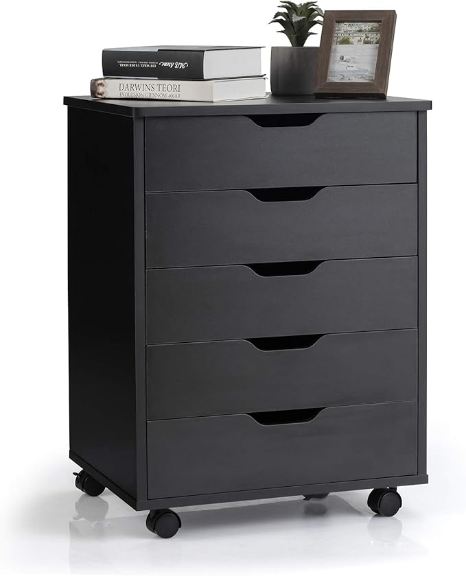 5 Drawers File Storage Cabinet 26.5 Vertical Filling Cabinet for Home Office Under Desk Office Drawer Organizer Universal &amp Lockable Casters Rolling Printer Storage Rack (Black)