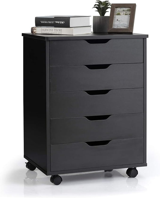 5 Drawers File Storage Cabinet 26.5 Vertical Filling Cabinet for Home Office Under Desk Office Drawer Organizer Universal &amp Lockable Casters Rolling Printer Storage Rack (Black)