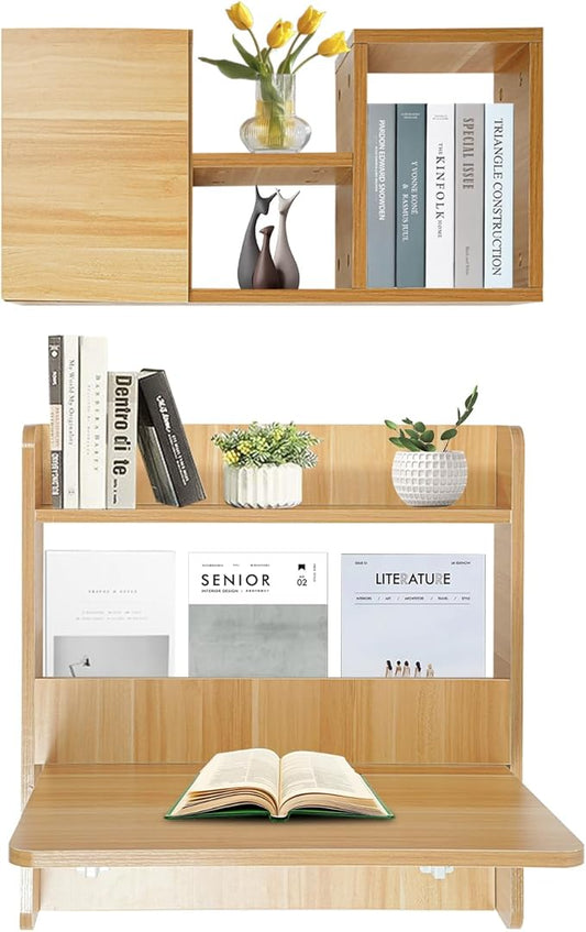 Wall Mounted Folding Table with BookshevesFloating Desk with BookcaseWooden Fold Down Laptop Table for Small SpaceHome Office BedroomStudy RoomDormWood Color