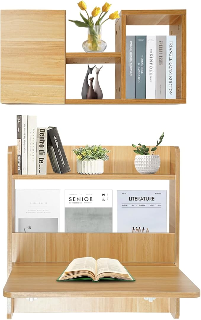 Floating Desk 24 Wall Mounted Folding Desk with Bookshelf Folding Wall Desks Space Saving Workstation with Storage Shelves for Home Office Bedroom Study Room Small Space
