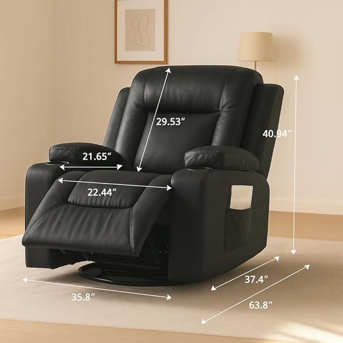 COMHOMA Recliner ChairPU Rocking Chair for AdultsSwivel Recliner with Cup HoldersSingle Sofa Seat with Side Pockets for Living RoomBedroom(Black)