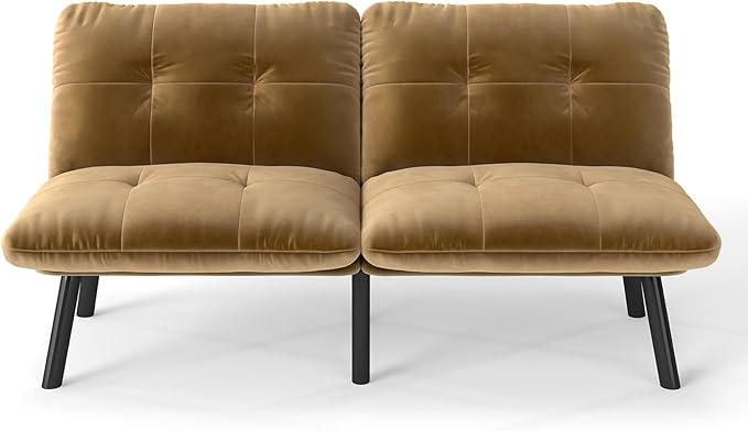 Sofa Bed with Chaise Modern Convertible Sleeper Sectional Loveseat Velvet Futon Couch with Tufted Back and Metal Legs for Small Space Apartment (Brown)