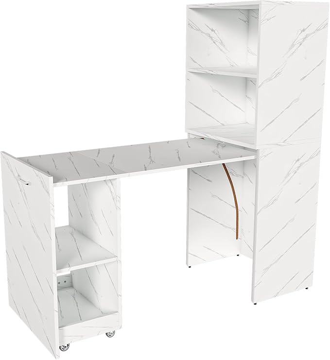 LUMISOL Folding Out Desk with Storage Shelves Expandable Hidden Computer Desk with Storage for Home &amp OfficeSpace-Saving Design White Marble