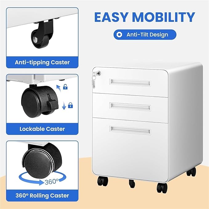 Mobile File Cabinets Mobile Filing Cabinet 3 Drawer White Small File with Lock Under Desk Cabinets for Home Office with Wheels A4