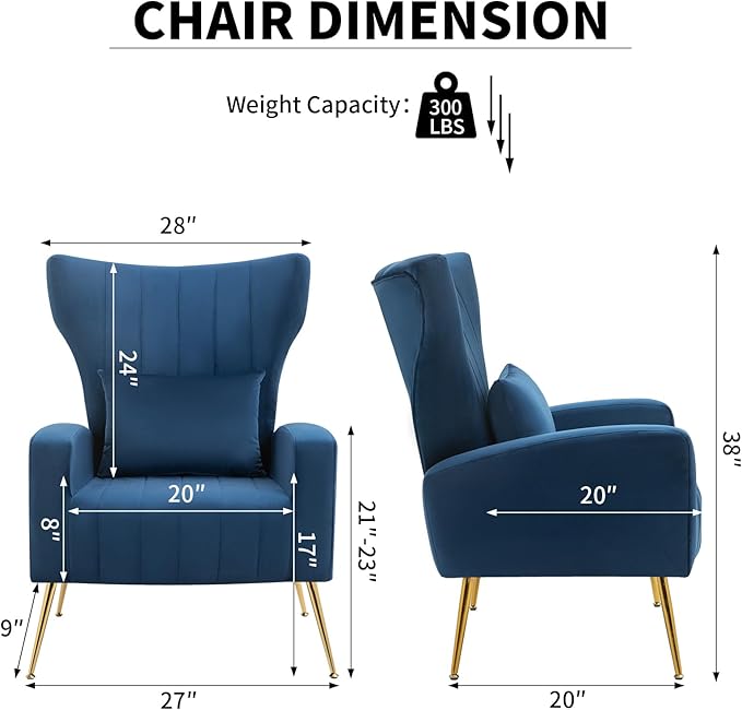 Velvet Accent Arm Chairs with Wingback &amp Lumbar Pillow Modern Armchair for Living Room Bedroom Guest Reception Side Chair for Office Gold Finish Navy Blue