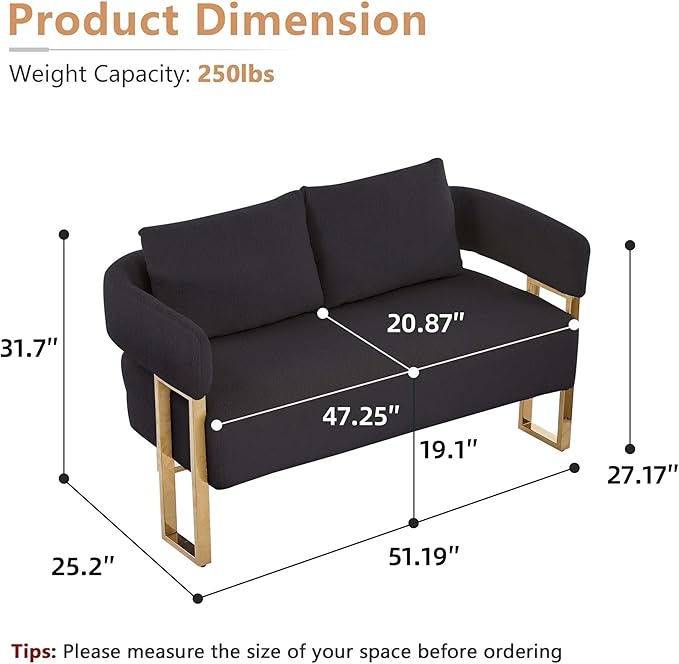 Teddy Fabric Accent Chair Modern Side Chair with Gold Metal Legs 51 Inch Wide Upholstered Loveseat for Living Room Dressing Area Office (Black+Gold)