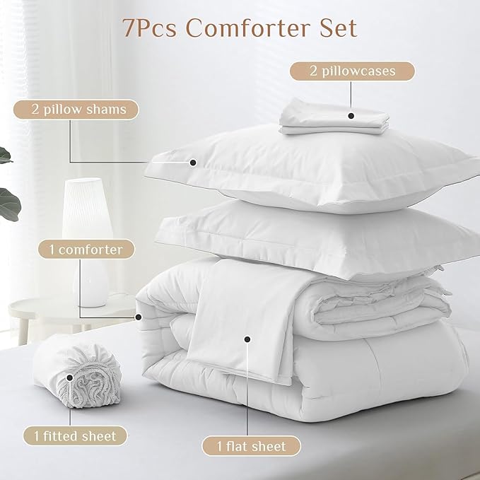 JOLLYVOGUE Full Comforter Set Ultra-Soft Bed in a Bag Full Size 7 Pieces Oeko-TEX Certified Bedding Set with Down Alternative Comforter Sheets Pillowcases &amp Shams White