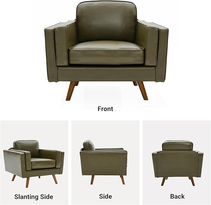 Kingfun Modern Accent Chair Living Room Chairs Faux Leather Reading Armchair Mid Century with Dual-Layer Armrests Solid Wood Frame Easy Assembly for Small Spaces Olive Green