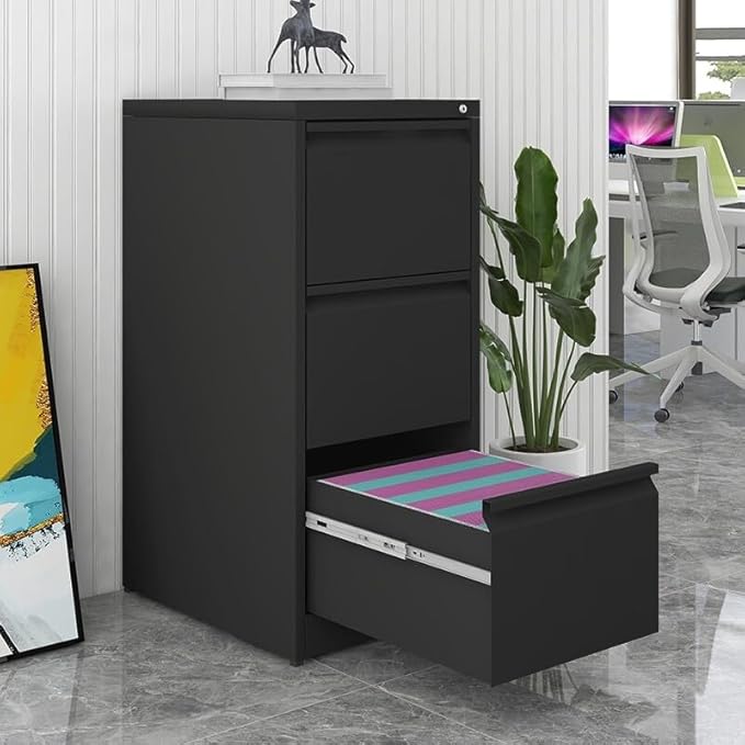 3 Drawer File Cabinet with Lock Small Filing Cabinet Under Desk Storage Organizer for Home Office Vertical Metal Locking DrawersBlack