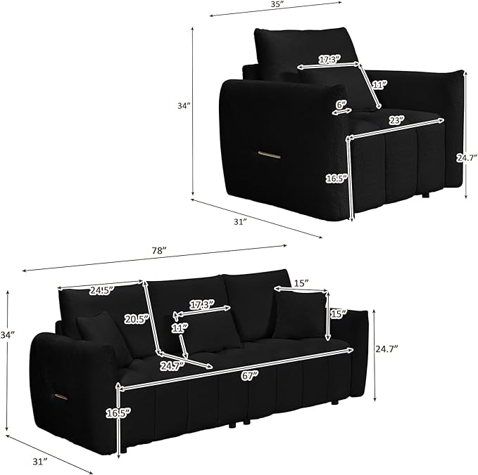 3 Piece Cloud Couch Sofa for Living Room Modern Sofa Chair and 3-Seater Teddy Sectional Couches with Pillows and Back Cushions Comfy Deep Seat Oversized Sofa for Bedroom Apartment Black
