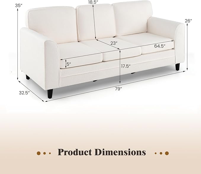 Giantex 3 Seater Couch - 79” Mid Century Modern Upholstered Sofa with Armrests Sturdy Legs Teddy Fleece Comfy Couches for Living Room Bedroom Small Space Apartment and Office (White)