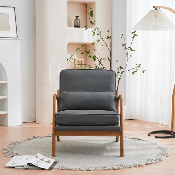 Accent Chair with Lumbar PillowUpholstered Armchair with Solid Wood FrameLinen Fabric Reading Chair with Oak ArmrestLounge Chair for Living Room Bedroom Apartment