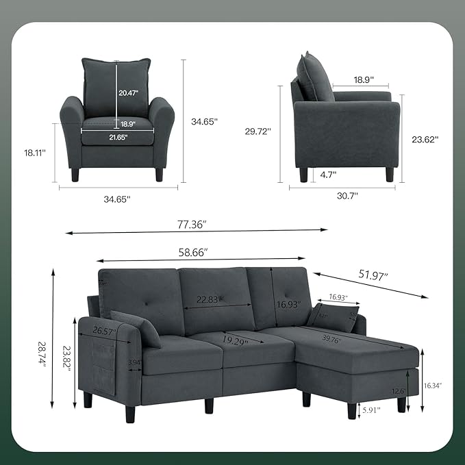 Convertible Sectional Sofa 77 Small L Shaped 3 Seat Couch with Reversible Storage Chaise and Accent Chair Set Modern Polyester Fabric Sofa Couches for Living Room Apartment Dark Grey