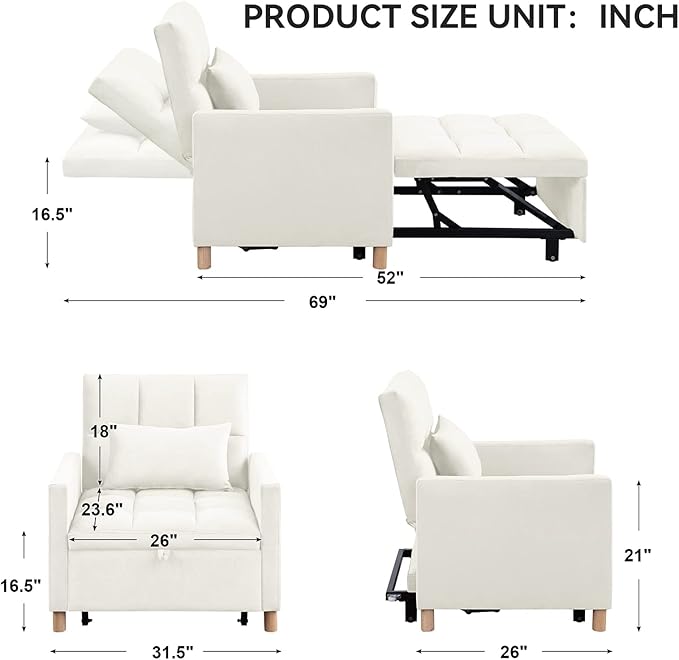 Convertible Sleeper Sofa Chair Bed3-in-1 Sleeper Chair Bed with PillowPull Out Single Armchair Sofa Bed with Adjustable Backrest Multi-Functiona Lounge Chair for Living Room（Beige）