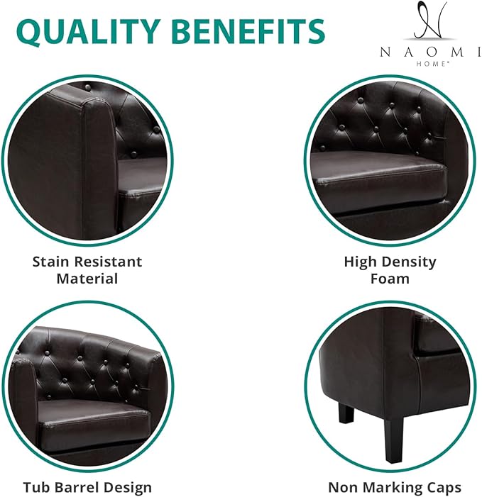 Modern Tufted Faux Leather Accent Chair with Barrel Back Design Thick Cushions &amp Wood Legs – Elegant Statement Chair for Living Room &amp Home Décor