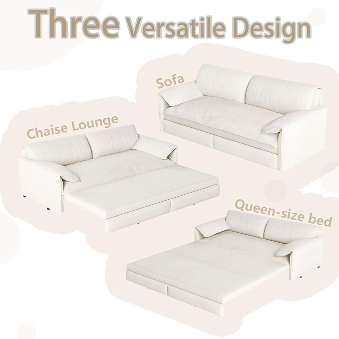 66 Queen Size Pull Out Sofa Bed 3-in-1 Convertible Sleeper with Side Storage and Wheels Velvet Loveseat for Living Room Apartment Bedroom Beige (Mattress &amp Bedding Not Included)