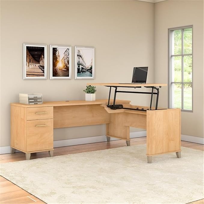 Pemberly Row 72W Sit to Stand L Shaped Desk Maple Cross Finish Adjustable Height 37-43 in Lift-n-Lock System File Drawer Wire Management Ergonomic Office Desk for Workplace or Home Office Use
