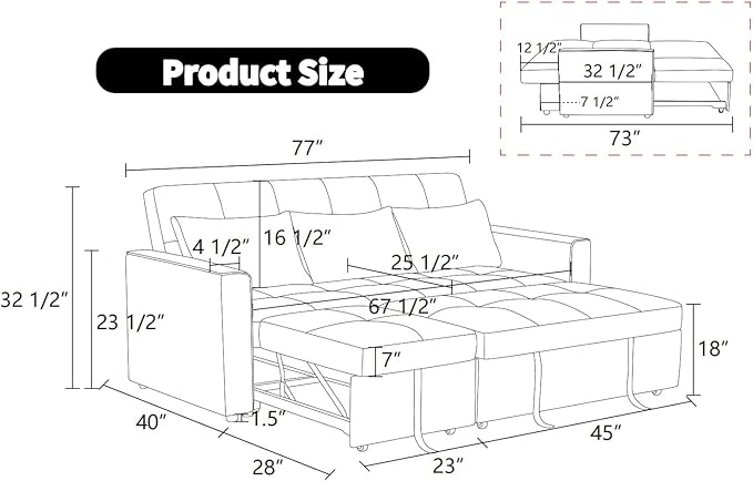 Convertible Sofa Bed Couch 4 Seat Iron Frame Sectional Couches for Living Room with Storage for Apartment Sleeper Sofa Couch with Pullout Bed Light Grey